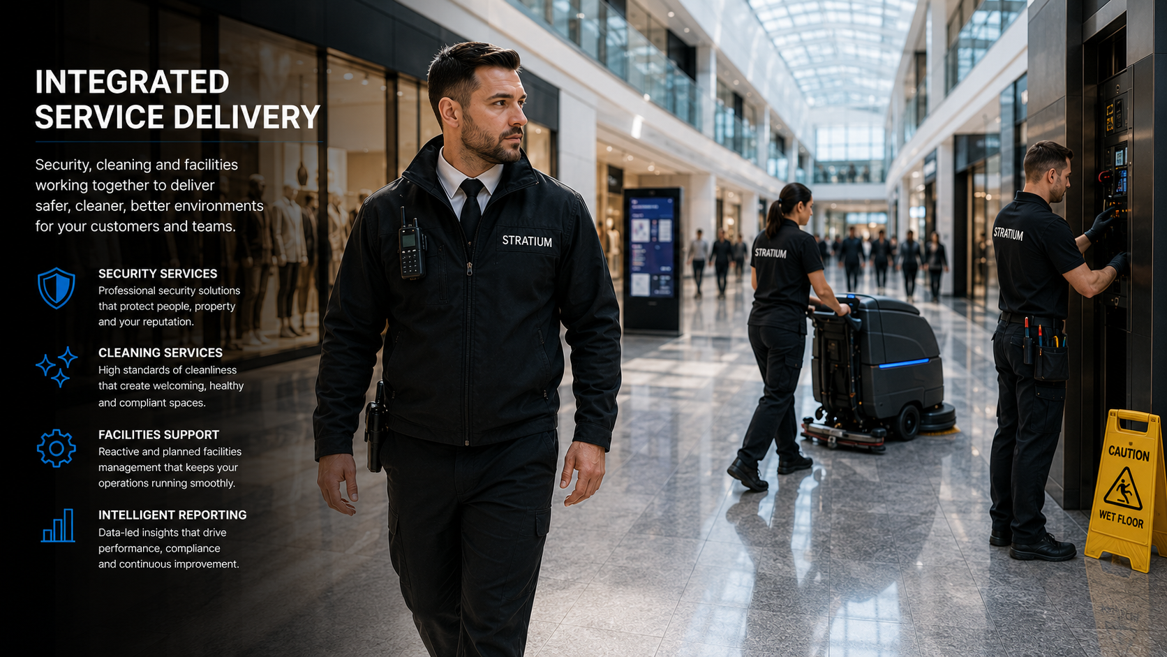 Stratium integrated security and cleaning team in a shopping centre